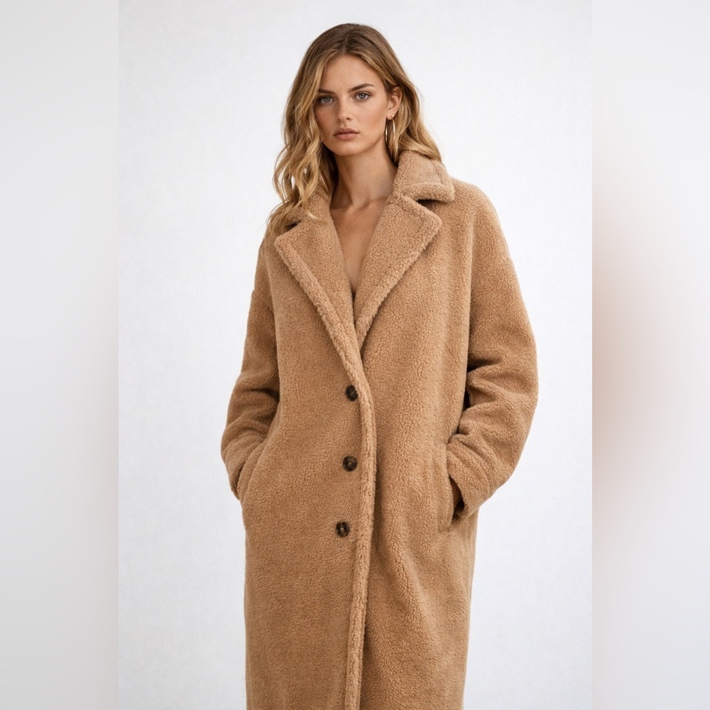 Paper Crane Tan Teddy Bear Coat, Button Front, Oversized Fit - Picture 2 of 2